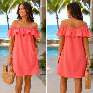 Tommy Bahama St Lucia Linen Blend Coverup Dress XL Off Shoulder Coral Pocket NEW